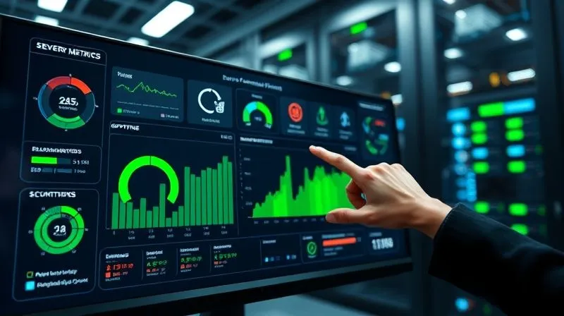 A photorealistic image of a sleek, futuristic dashboard displaying real-time server performance metrics, uptime graphs, and security alerts. The screen is vibrant with green and blue indicators, suggesting optimal performance, with a single hand gesturing towards a key metric. Cinematic lighting, sharp focus on the dashboard, depth of field blurring a modern data center in the background, 8K hyper-detailed, professional photography, shot on a high-end DSLR. A photorealistic image of a sleek, futuristic dashboard displaying real-time server performance metrics, uptime graphs, and security alerts. The screen is vibrant with green and blue indicators, suggesting optimal performance, with a single hand gesturing towards a key metric. Cinematic lighting, sharp focus on the dashboard, depth of field blurring a modern data center in the background, 8K hyper-detailed, professional photography, shot on a high-end DSLR.