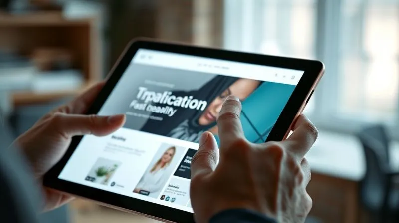 Photorealistic image of a designer's hand scrolling through a beautifully designed, fast-loading portfolio website on a tablet, with a subtle glow around the screen. Professional photography, 8K, cinematic lighting, sharp focus on the tablet and hand, depth of field blurring the background, shot on a high-end DSLR. Photorealistic image of a designer's hand scrolling through a beautifully designed, fast-loading portfolio website on a tablet, with a subtle glow around the screen. Professional photography, 8K, cinematic lighting, sharp focus on the tablet and hand, depth of field blurring the background, shot on a high-end DSLR.