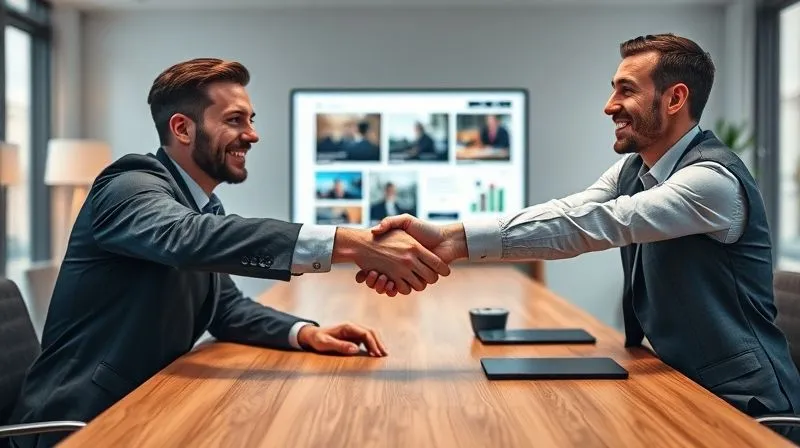 Photorealistic image of two business professionals (a designer and a client) shaking hands warmly across a modern office table, with a successful project displayed on a monitor in the background. Professional photography, 8K, cinematic lighting, sharp focus on the handshake, depth of field blurring the background, shot on a high-end DSLR. Photorealistic image of two business professionals (a designer and a client) shaking hands warmly across a modern office table, with a successful project displayed on a monitor in the background. Professional photography, 8K, cinematic lighting, sharp focus on the handshake, depth of field blurring the background, shot on a high-end DSLR.