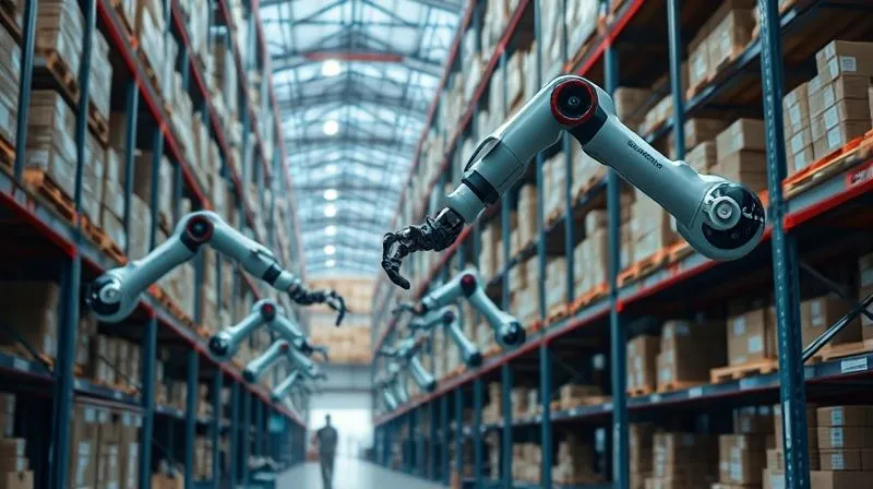 A photorealistic image of an organized warehouse with robots assisting in picking and packing, showcasing efficiency and automation, cinematic lighting, sharp focus on the robotic arms, depth of field blurring the background, 8K hyper-detailed, professional photography, shot on a high-end DSLR. A photorealistic image of an organized warehouse with robots assisting in picking and packing, showcasing efficiency and automation, cinematic lighting, sharp focus on the robotic arms, depth of field blurring the background, 8K hyper-detailed, professional photography, shot on a high-end DSLR.