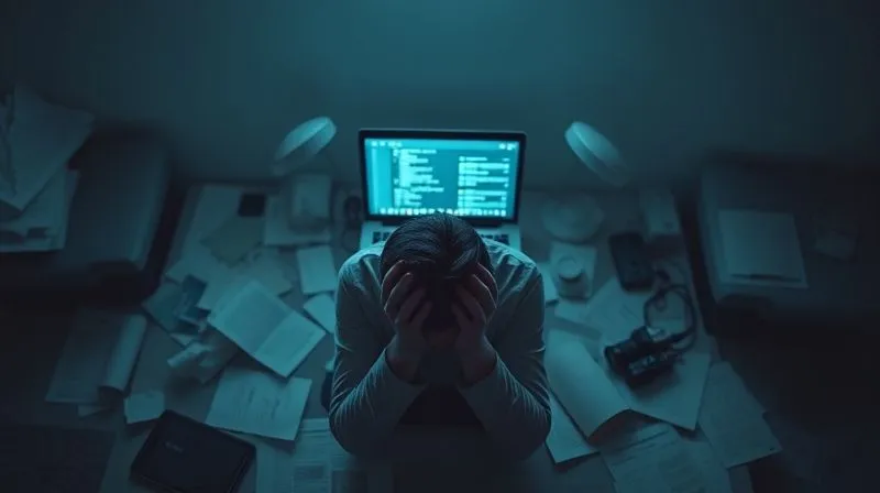 A photorealistic, professional photography, 8K image of a person sitting at a dimly lit desk, head in hands, surrounded by scattered papers and a laptop displaying an overwhelming number of notifications. The person's posture suggests exhaustion and despair, with cinematic lighting casting long shadows. Sharp focus on the person, depth of field blurring the background chaos. Shot on a high-end DSLR. A photorealistic, professional photography, 8K image of a person sitting at a dimly lit desk, head in hands, surrounded by scattered papers and a laptop displaying an overwhelming number of notifications. The person's posture suggests exhaustion and despair, with cinematic lighting casting long shadows. Sharp focus on the person, depth of field blurring the background chaos. Shot on a high-end DSLR.