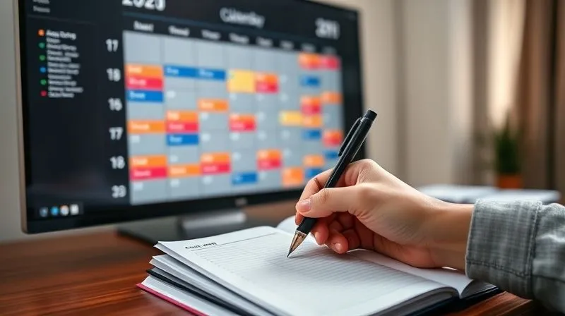 A photorealistic, professional photography, 8K image of a beautifully organized digital calendar on a large monitor, showing clearly defined color-coded time blocks for different tasks (e.g., "Deep Work," "Client Calls," "Personal Time"). A hand with a pen hovers over a physical planner, ready to transfer notes. Soft, natural light illuminates the scene, creating a sense of calm and control. Sharp focus on the calendar and hand, depth of field blurring the background. Shot on a high-end DSLR. A photorealistic, professional photography, 8K image of a beautifully organized digital calendar on a large monitor, showing clearly defined color-coded time blocks for different tasks (e.g., "Deep Work," "Client Calls," "Personal Time"). A hand with a pen hovers over a physical planner, ready to transfer notes. Soft, natural light illuminates the scene, creating a sense of calm and control. Sharp focus on the calendar and hand, depth of field blurring the background. Shot on a high-end DSLR.