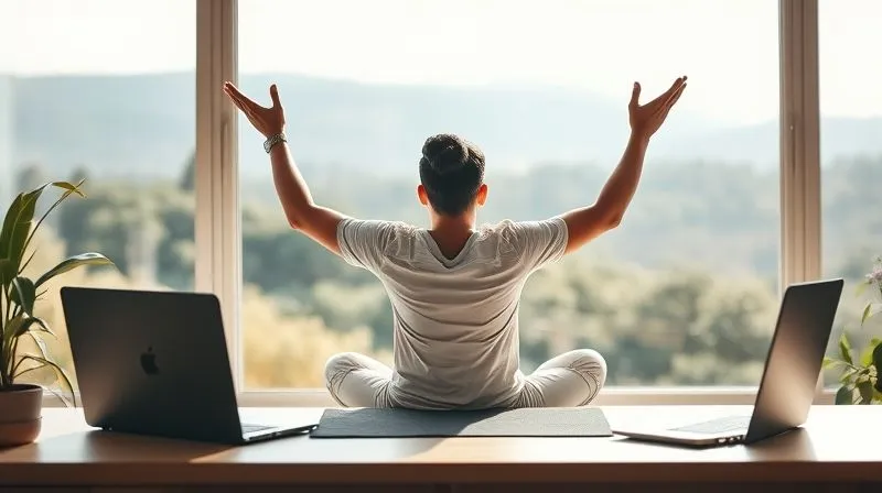 A photorealistic, professional photography, 8K image of a person stretching gently in front of a large window overlooking a serene natural landscape, with soft morning light filling the room. The laptop on a nearby desk is closed, symbolizing a moment of disconnection and self-care. Cinematic lighting, sharp focus on the person, depth of field blurring the background. Shot on a high-end DSLR. A photorealistic, professional photography, 8K image of a person stretching gently in front of a large window overlooking a serene natural landscape, with soft morning light filling the room. The laptop on a nearby desk is closed, symbolizing a moment of disconnection and self-care. Cinematic lighting, sharp focus on the person, depth of field blurring the background. Shot on a high-end DSLR.