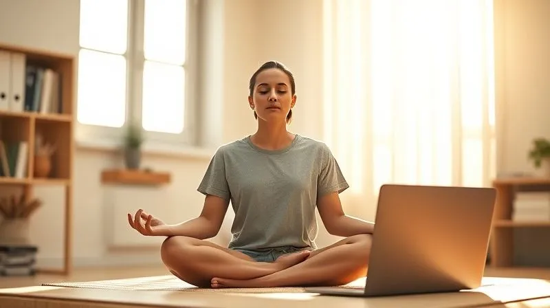 A photorealistic, professional photography, 8K image of a person meditating calmly in a sunlit, minimalist home office, with a laptop closed beside them. The atmosphere is serene and balanced, emphasizing mental well-being and focus. Cinematic lighting, sharp focus on the person, depth of field blurring the background. Shot on a high-end DSLR. A photorealistic, professional photography, 8K image of a person meditating calmly in a sunlit, minimalist home office, with a laptop closed beside them. The atmosphere is serene and balanced, emphasizing mental well-being and focus. Cinematic lighting, sharp focus on the person, depth of field blurring the background. Shot on a high-end DSLR.