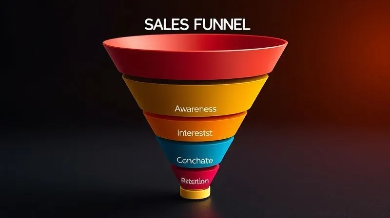 A photorealistic image of a detailed sales funnel diagram with each stage clearly labeled (Awareness, Interest, Consideration, Purchase, Retention), flowing from top to bottom. Each stage has small icons representing key digital metrics. Cinematic lighting, sharp focus, depth of field. 8K hyper-detailed, professional photography. A photorealistic image of a detailed sales funnel diagram with each stage clearly labeled (Awareness, Interest, Consideration, Purchase, Retention), flowing from top to bottom. Each stage has small icons representing key digital metrics. Cinematic lighting, sharp focus, depth of field. 8K hyper-detailed, professional photography.