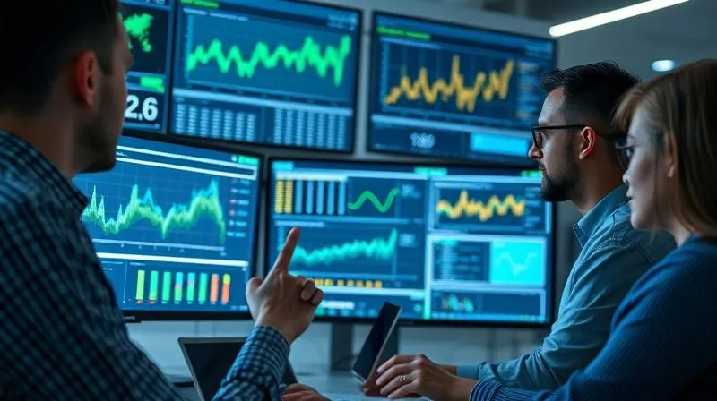 A photorealistic image of a business team analyzing data on multiple screens, showing charts and graphs. One team member points to a highlighted section on a screen, indicating a bottleneck. The atmosphere is collaborative and focused. Cinematic lighting, sharp focus, depth of field. 8K hyper-detailed, professional photography. A photorealistic image of a business team analyzing data on multiple screens, showing charts and graphs. One team member points to a highlighted section on a screen, indicating a bottleneck. The atmosphere is collaborative and focused. Cinematic lighting, sharp focus, depth of field. 8K hyper-detailed, professional photography.