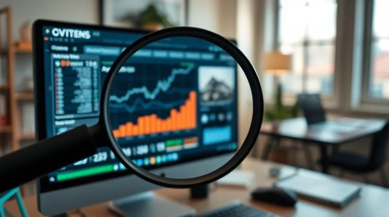 A photorealistic image of a magnifying glass hovering over a computer screen displaying website analytics and keyword research data, with a real estate listing in the background. Cinematic lighting, sharp focus on the screen, depth of field blurring the office, 8K hyper-detailed, professional photography, shot on a high-end DSLR. A photorealistic image of a magnifying glass hovering over a computer screen displaying website analytics and keyword research data, with a real estate listing in the background. Cinematic lighting, sharp focus on the screen, depth of field blurring the office, 8K hyper-detailed, professional photography, shot on a high-end DSLR.