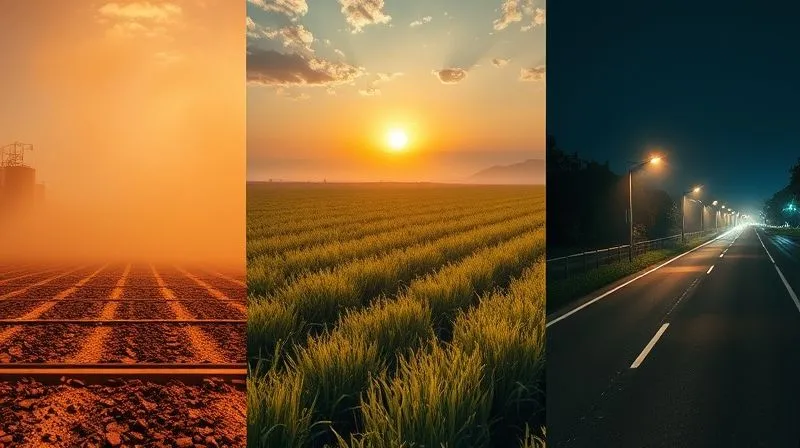 A photorealistic collage of diverse images used for training a computer vision model: one image shows a dusty factory floor, another a sunny agricultural field, a third a foggy road, and a fourth a night scene with artificial lighting. The images are subtly overlaid with data augmentation techniques like noise and blur. Cinematic lighting, sharp focus, 8K hyper-detailed, professional photography. A photorealistic collage of diverse images used for training a computer vision model: one image shows a dusty factory floor, another a sunny agricultural field, a third a foggy road, and a fourth a night scene with artificial lighting. The images are subtly overlaid with data augmentation techniques like noise and blur. Cinematic lighting, sharp focus, 8K hyper-detailed, professional photography.