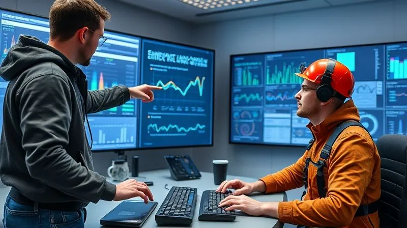 A photorealistic image showing a diverse team of engineers, data scientists, and field technicians collaboratively discussing data on a large digital screen in a modern, well-lit control room. One person points to a complex graph, another types on a keyboard, and a third, in field gear, offers insights. The atmosphere is focused and collaborative. Cinematic lighting, sharp focus, 8K hyper-detailed, professional photography. A photorealistic image showing a diverse team of engineers, data scientists, and field technicians collaboratively discussing data on a large digital screen in a modern, well-lit control room. One person points to a complex graph, another types on a keyboard, and a third, in field gear, offers insights. The atmosphere is focused and collaborative. Cinematic lighting, sharp focus, 8K hyper-detailed, professional photography.