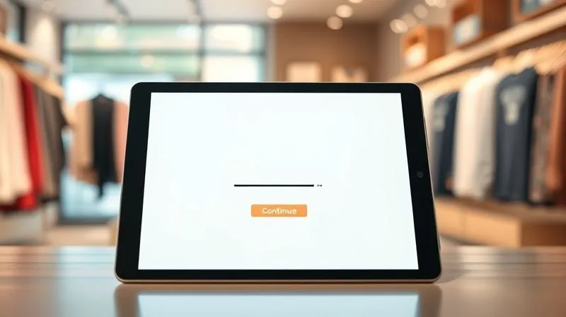 A photorealistic, professional photography, 8K, cinematic lighting, sharp focus, depth of field, shot on a high-end DSLR, showing a clean, minimalist digital checkout screen on a tablet. The screen features only essential fields, a clear progress bar, and a prominent 'Continue' button, surrounded by soft, inviting light. The background is a subtly blurred, modern clothing store interior, emphasizing ease and efficiency. The image should convey a sense of calm and streamlined progression. A photorealistic, professional photography, 8K, cinematic lighting, sharp focus, depth of field, shot on a high-end DSLR, showing a clean, minimalist digital checkout screen on a tablet. The screen features only essential fields, a clear progress bar, and a prominent 'Continue' button, surrounded by soft, inviting light. The background is a subtly blurred, modern clothing store interior, emphasizing ease and efficiency. The image should convey a sense of calm and streamlined progression.