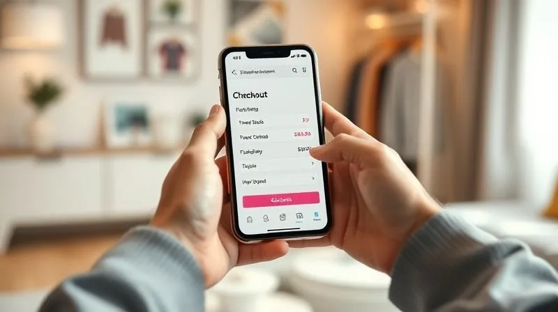 A photorealistic, professional photography, 8K, cinematic lighting, sharp focus, depth of field, shot on a high-end DSLR, showing a person's hands holding a modern smartphone, displaying a clean, intuitive mobile e-commerce checkout screen for a clothing store. The screen features large, touch-friendly buttons, clear text, and a minimal number of fields. The background is a soft-focused, stylish home environment, suggesting ease and comfort. The lighting should highlight the screen and the natural interaction. A photorealistic, professional photography, 8K, cinematic lighting, sharp focus, depth of field, shot on a high-end DSLR, showing a person's hands holding a modern smartphone, displaying a clean, intuitive mobile e-commerce checkout screen for a clothing store. The screen features large, touch-friendly buttons, clear text, and a minimal number of fields. The background is a soft-focused, stylish home environment, suggesting ease and comfort. The lighting should highlight the screen and the natural interaction.