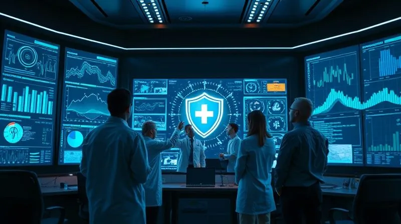 A photorealistic image of a futuristic control room, with multiple screens displaying complex algorithms and data visualizations related to information flow. A digital health shield icon is prominent on the main screen. A diverse team of data scientists and medical experts are collaborating, pointing at glowing data points. Professional photography, 8K, cinematic lighting, sharp focus, depth of field, shot on a high-end DSLR. No text or logos. A photorealistic image of a futuristic control room, with multiple screens displaying complex algorithms and data visualizations related to information flow. A digital health shield icon is prominent on the main screen. A diverse team of data scientists and medical experts are collaborating, pointing at glowing data points. Professional photography, 8K, cinematic lighting, sharp focus, depth of field, shot on a high-end DSLR. No text or logos.