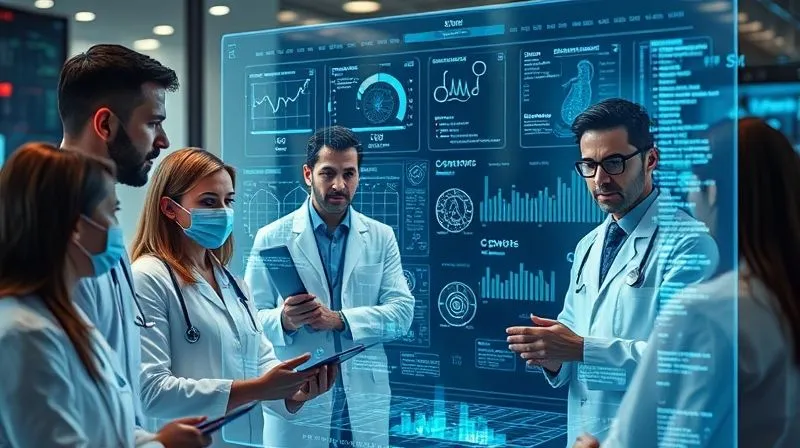 A photorealistic, professional photography image of a diverse team of medical professionals and data scientists collaboratively working around a large holographic display. The display shows intertwined data visualizations, medical diagrams, and lines of code, symbolizing the synergy between human expertise and AI. Cinematic lighting, sharp focus on the team and display, depth of field blurring the background, 8K hyper-detailed. A photorealistic, professional photography image of a diverse team of medical professionals and data scientists collaboratively working around a large holographic display. The display shows intertwined data visualizations, medical diagrams, and lines of code, symbolizing the synergy between human expertise and AI. Cinematic lighting, sharp focus on the team and display, depth of field blurring the background, 8K hyper-detailed.