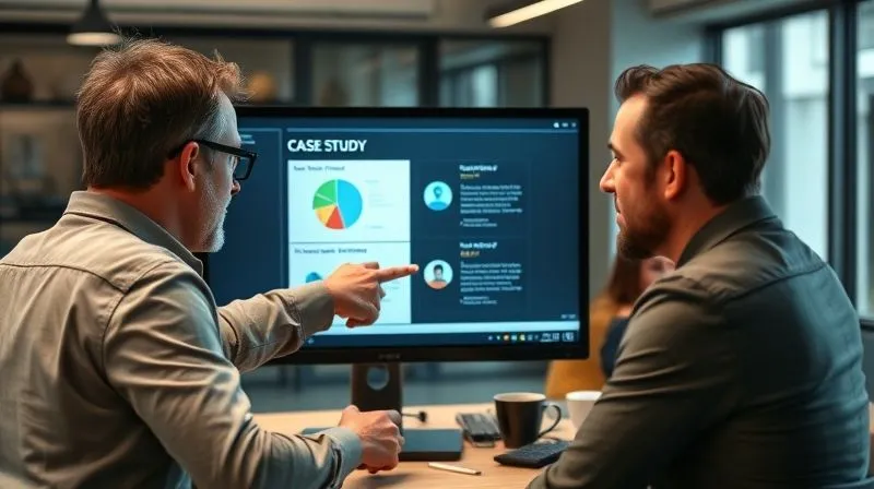 A photorealistic image of a professional designer pointing to a monitor displaying a compelling case study with graphs and client testimonials, while a potential client looks on with interest. The scene is set in a modern, well-lit office, showcasing collaboration and trust. Cinematic lighting, sharp focus on the screen and faces, depth of field blurring the background, 8K hyper-detailed. A photorealistic image of a professional designer pointing to a monitor displaying a compelling case study with graphs and client testimonials, while a potential client looks on with interest. The scene is set in a modern, well-lit office, showcasing collaboration and trust. Cinematic lighting, sharp focus on the screen and faces, depth of field blurring the background, 8K hyper-detailed.