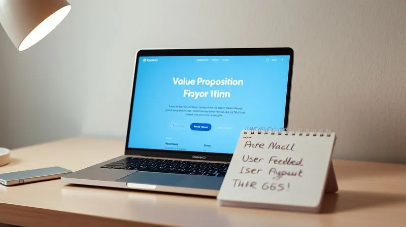 A photorealistic image of a minimalist desk with a single, well-designed landing page displayed on a laptop screen, showing a clear value proposition and a call to action. A small notepad with handwritten user feedback is next to it. Cinematic lighting, sharp focus on the screen and notepad, depth of field. Shot on a high-end DSLR, 8K hyper-detailed. A photorealistic image of a minimalist desk with a single, well-designed landing page displayed on a laptop screen, showing a clear value proposition and a call to action. A small notepad with handwritten user feedback is next to it. Cinematic lighting, sharp focus on the screen and notepad, depth of field. Shot on a high-end DSLR, 8K hyper-detailed.