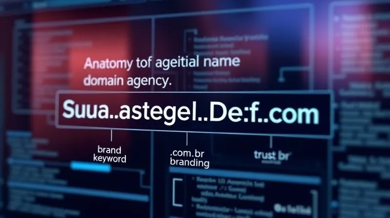 A photorealistic infographic showing the anatomy of a perfect domain name for a digital agency. It features a stylized domain name like 'SuaAgenciaDigital.com.br' broken down into components: 'SuaAgencia' (brand/keyword), '.Digital' (TLD), and '.com.br' (country code TLD). Each component has a small icon representing SEO, branding, and trust. The background is a clean, modern digital interface with subtle lines, cinematic lighting, sharp focus, depth of field, 8K hyper-detailed, professional photography. A photorealistic infographic showing the anatomy of a perfect domain name for a digital agency. It features a stylized domain name like 'SuaAgenciaDigital.com.br' broken down into components: 'SuaAgencia' (brand/keyword), '.Digital' (TLD), and '.com.br' (country code TLD). Each component has a small icon representing SEO, branding, and trust. The background is a clean, modern digital interface with subtle lines, cinematic lighting, sharp focus, depth of field, 8K hyper-detailed, professional photography.
