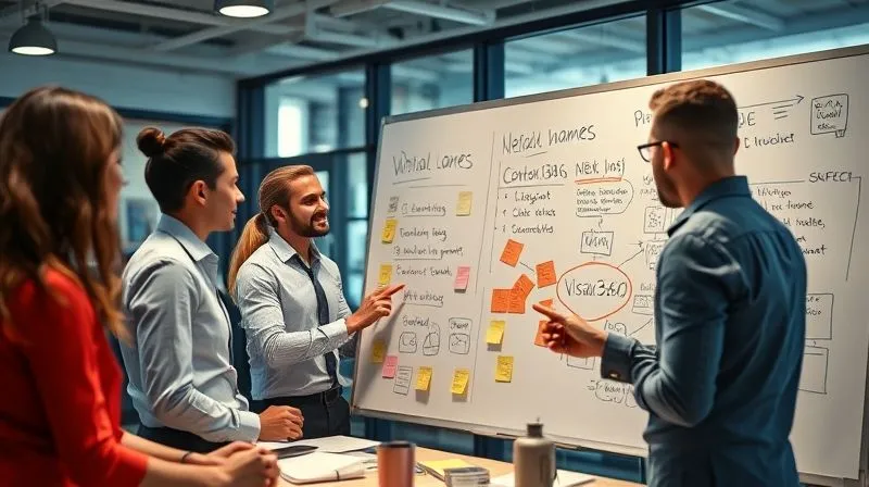 A photorealistic image depicting a group of diverse professionals in a modern, brightly lit office, engaged in a brainstorming session. Whiteboards are covered with sticky notes, diagrams, and potential domain names for a digital agency. One person points to a list with 'Visao360.com.br' circled. The atmosphere is collaborative and innovative, cinematic lighting, sharp focus on the whiteboard, depth of field blurring the background, 8K hyper-detailed, professional photography. A photorealistic image depicting a group of diverse professionals in a modern, brightly lit office, engaged in a brainstorming session. Whiteboards are covered with sticky notes, diagrams, and potential domain names for a digital agency. One person points to a list with 'Visao360.com.br' circled. The atmosphere is collaborative and innovative, cinematic lighting, sharp focus on the whiteboard, depth of field blurring the background, 8K hyper-detailed, professional photography.