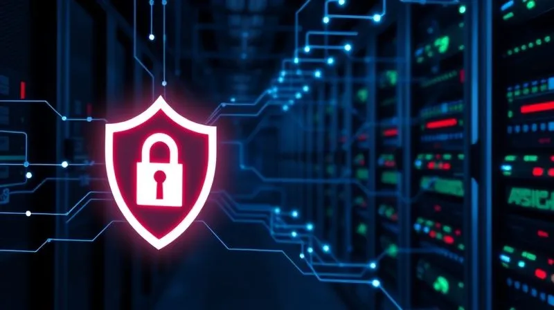 A photorealistic image illustrating digital security for a domain. A glowing shield icon overlays a complex network of digital lines and server racks in a data center. A padlock symbol is prominently featured, representing SSL. The scene is dark, with blue and green light emanating from the digital elements, conveying a sense of protection and advanced technology. Cinematic lighting, sharp focus on the shield and padlock, depth of field blurring the background, 8K hyper-detailed, professional photography. A photorealistic image illustrating digital security for a domain. A glowing shield icon overlays a complex network of digital lines and server racks in a data center. A padlock symbol is prominently featured, representing SSL. The scene is dark, with blue and green light emanating from the digital elements, conveying a sense of protection and advanced technology. Cinematic lighting, sharp focus on the shield and padlock, depth of field blurring the background, 8K hyper-detailed, professional photography.