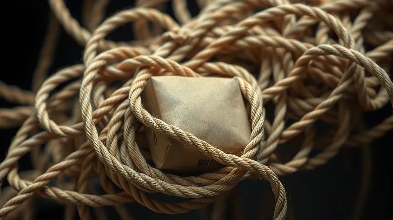 A photorealistic image of a tangled knot of ropes, symbolizing complex and problematic supply chain issues, with a small e-commerce package caught in the middle. Cinematic lighting, sharp focus, 8K, professional photography. A photorealistic image of a tangled knot of ropes, symbolizing complex and problematic supply chain issues, with a small e-commerce package caught in the middle. Cinematic lighting, sharp focus, 8K, professional photography.