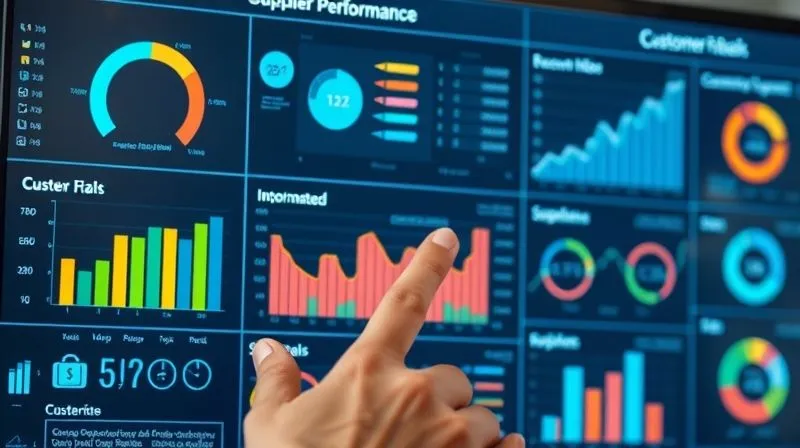 A photorealistic image of a digital dashboard with various charts and metrics, displaying supplier performance data and customer feedback. The screen is clear and detailed, with a hand pointing to a positive trend. Cinematic lighting, 8K, professional photography. A photorealistic image of a digital dashboard with various charts and metrics, displaying supplier performance data and customer feedback. The screen is clear and detailed, with a hand pointing to a positive trend. Cinematic lighting, 8K, professional photography.