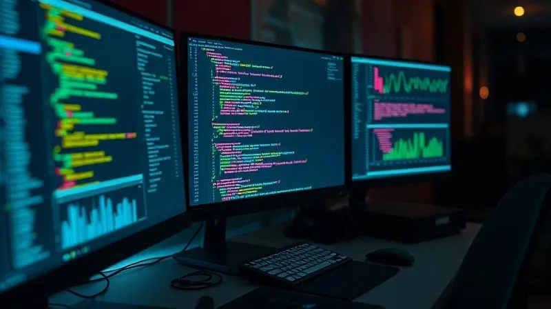 Photorealistic image of a web developer's desk at night, multiple screens displaying code and website performance metrics, charts showing fast loading times and mobile responsiveness. Cinematic lighting, sharp focus on the code, depth of field blurring the background, 8K hyper-detailed, professional photography, shot on a high-end DSLR, conveying technical optimization and efficiency. Photorealistic image of a web developer's desk at night, multiple screens displaying code and website performance metrics, charts showing fast loading times and mobile responsiveness. Cinematic lighting, sharp focus on the code, depth of field blurring the background, 8K hyper-detailed, professional photography, shot on a high-end DSLR, conveying technical optimization and efficiency.