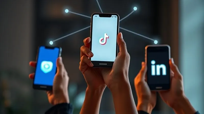 A photorealistic image of diverse hands holding up smartphones, each screen displaying a different social media icon (Instagram, Facebook, TikTok, LinkedIn), connected by subtle, glowing digital threads, symbolizing authentic community engagement and organic networking across platforms. Cinematic lighting, sharp focus on the hands and screens, depth of field, 8K hyper-detailed, shot on a high-end DSLR. A photorealistic image of diverse hands holding up smartphones, each screen displaying a different social media icon (Instagram, Facebook, TikTok, LinkedIn), connected by subtle, glowing digital threads, symbolizing authentic community engagement and organic networking across platforms. Cinematic lighting, sharp focus on the hands and screens, depth of field, 8K hyper-detailed, shot on a high-end DSLR.