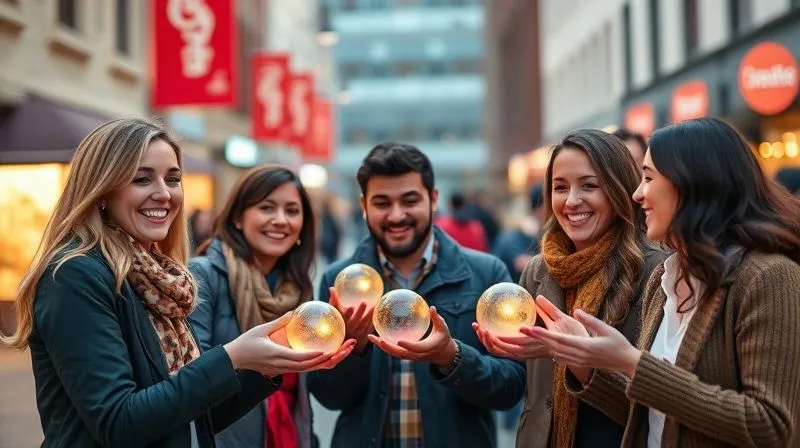 A photorealistic image of a diverse group of people (representing customers) happily sharing glowing digital spheres between them, symbolizing word-of-mouth marketing, referrals, and the organic spread of positive brand experiences. The background is a soft-focus, modern market square, cinematic lighting, sharp focus on the glowing spheres and smiling faces, depth of field, 8K hyper-detailed, shot on a high-end DSLR. A photorealistic image of a diverse group of people (representing customers) happily sharing glowing digital spheres between them, symbolizing word-of-mouth marketing, referrals, and the organic spread of positive brand experiences. The background is a soft-focus, modern market square, cinematic lighting, sharp focus on the glowing spheres and smiling faces, depth of field, 8K hyper-detailed, shot on a high-end DSLR.