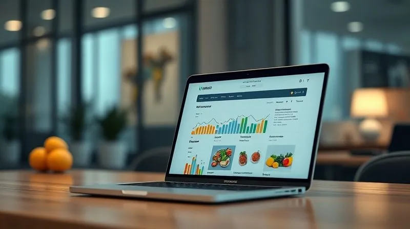 A photorealistic, professional photography of a modern, minimalist digital portfolio displayed on a laptop screen, with subtle elements of nutrition like healthy food icons or a growth chart. Cinematic lighting, sharp focus on the screen content, depth of field blurring a stylish office background. Shot on a high-end DSLR, 8K hyper-detailed.