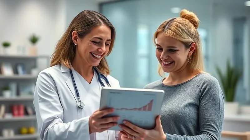 A photorealistic, professional photography of a nutritionist interacting with a client, both smiling and looking at a tablet displaying a clear, easy-to-understand progress chart. The setting is a modern clinic, with soft, inviting cinematic lighting. Sharp focus on their faces and the tablet, depth of field blurring the background. Shot on a high-end DSLR, 8K hyper-detailed.