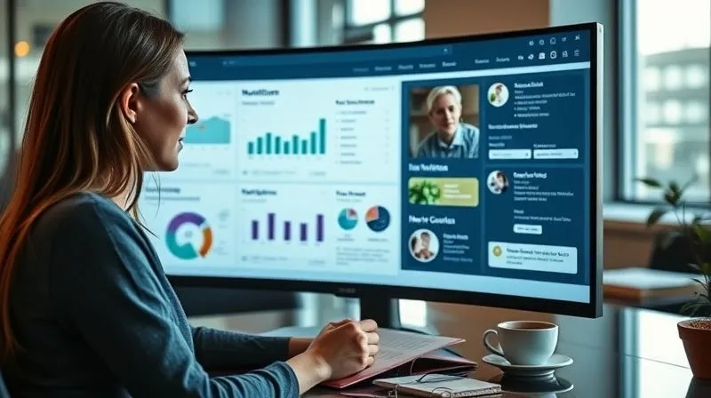 A photorealistic, professional photography of a nutritionist thoughtfully reviewing her digital portfolio on a large monitor, with a cup of coffee and notes nearby. The screen shows analytics data and new content sections. Cinematic lighting, sharp focus on her face and the screen, depth of field blurring the modern office background. Shot on a high-end DSLR, 8K hyper-detailed.